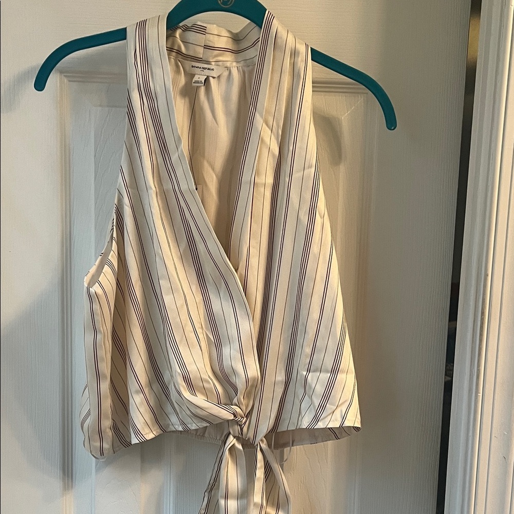 Banana Republic Cream and Brown Striped Tie-Front Blouse